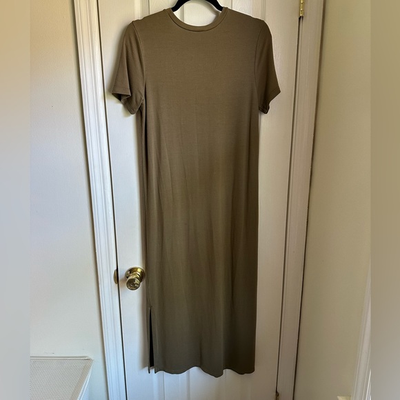 The Drop Cora Dress (Women’s S, Modal) in Capers Olive - Midi Style with Slit - Picture 4 of 8